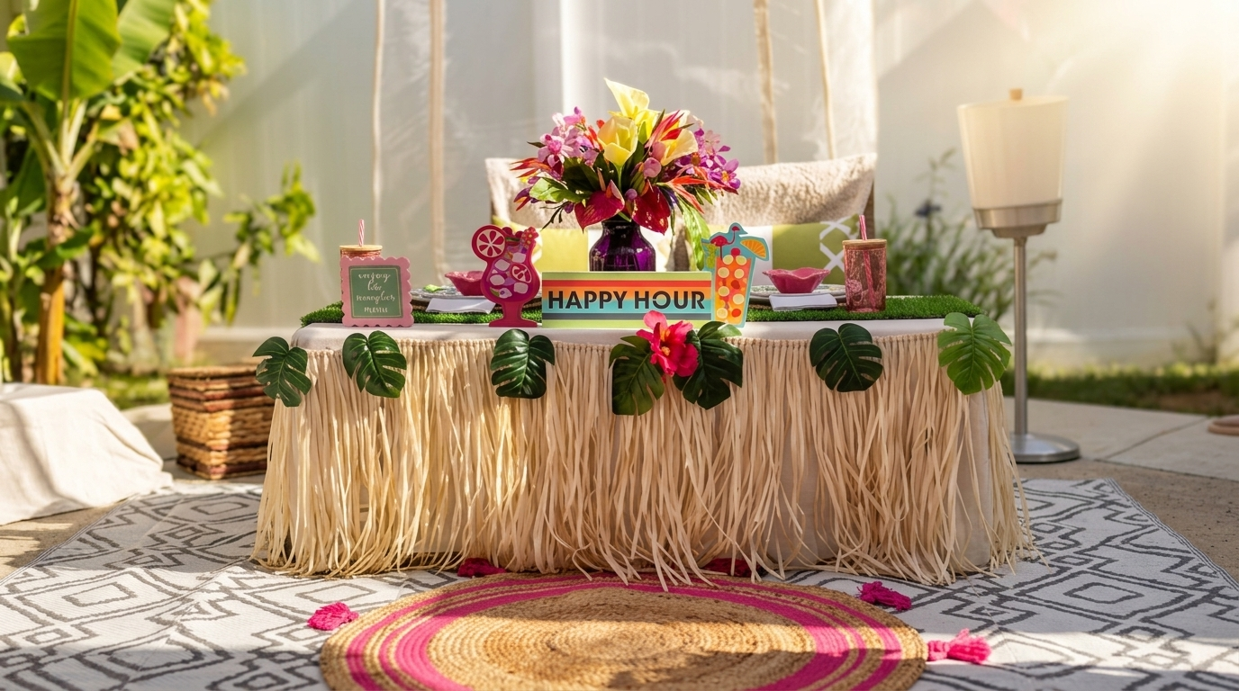 Tropical luxury picnic tablescape with happy hour signage