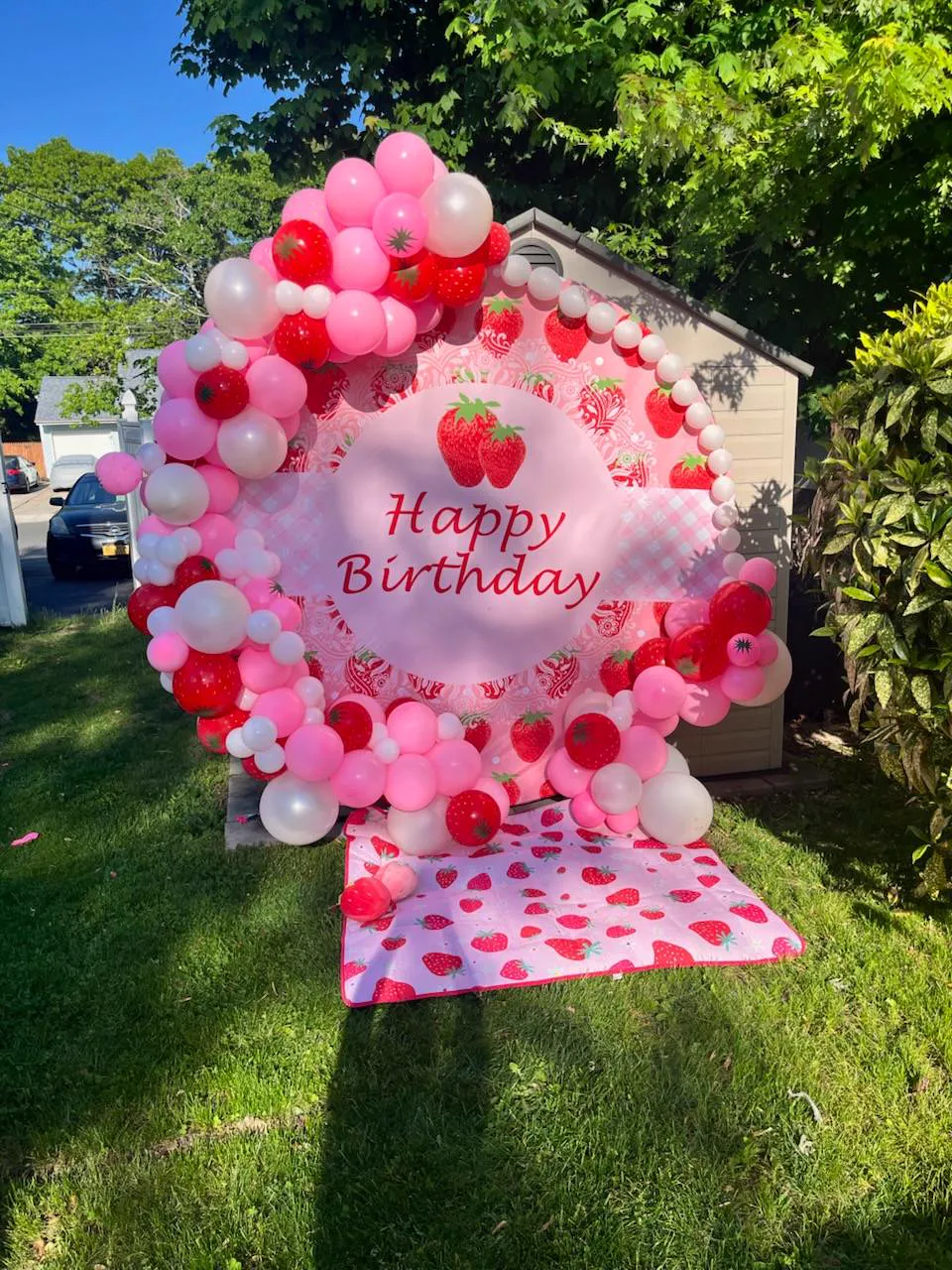 Strawberry-themed balloon backdrop installation